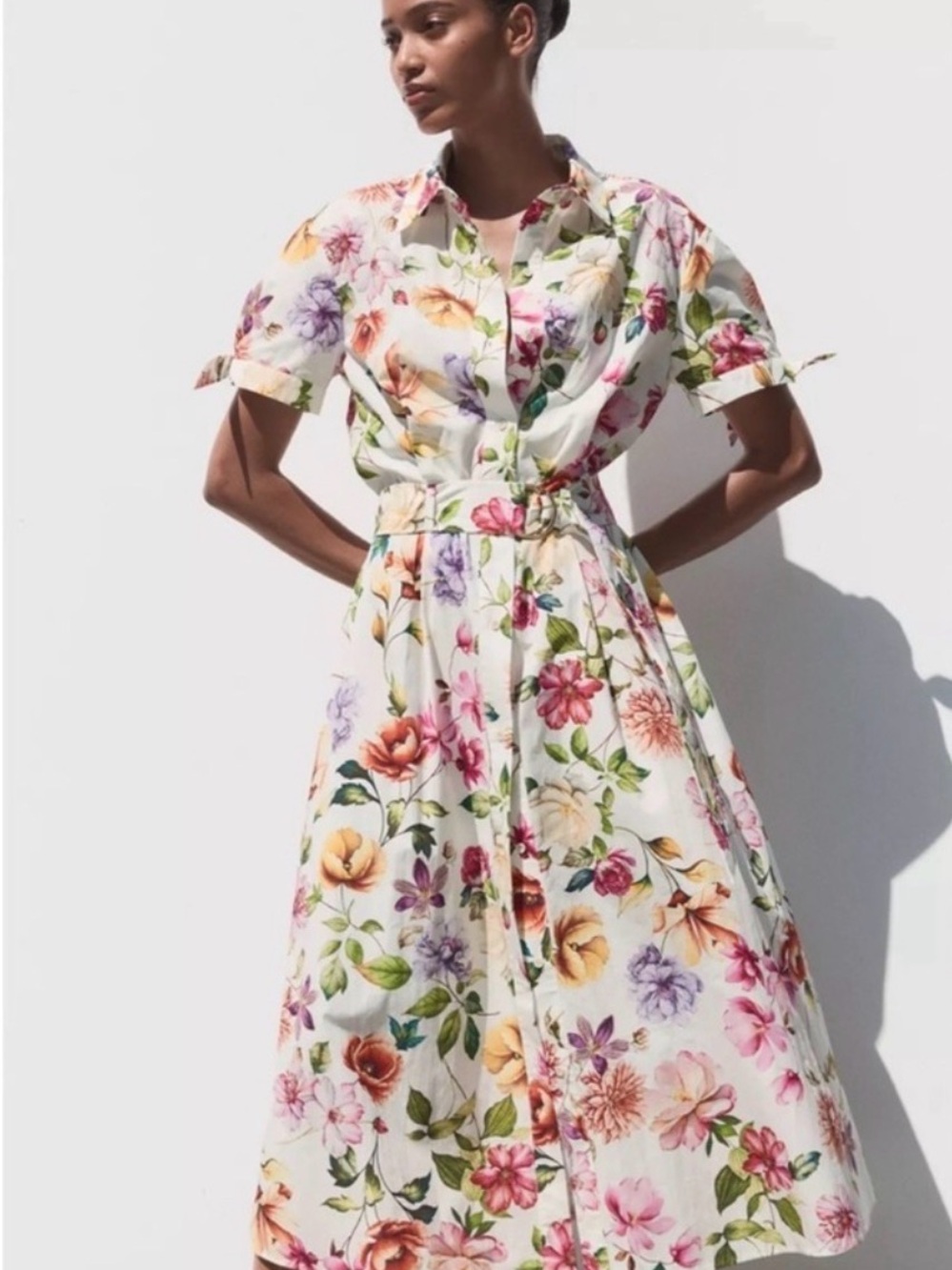 Zara White Floral Belted Shirt Midi Dress